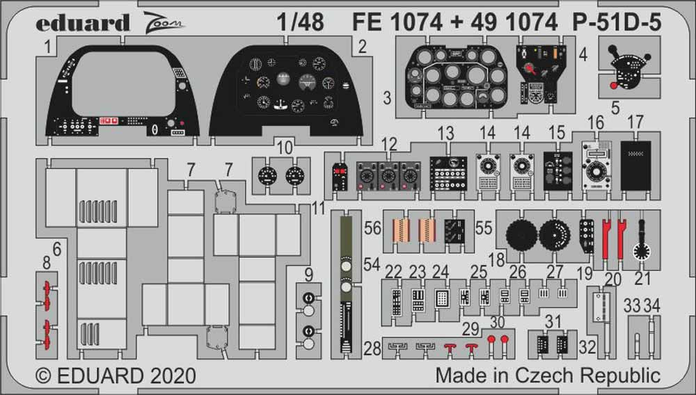 Eduard FE1074 Etched Aircraft Detailling Set 1:48 North-American P-51D-5 Mustang
