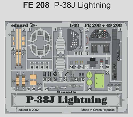 Eduard FE208 Etched Aircraft Detailling Set 1:48 Lockheed P-38J Lightning Pre-pa