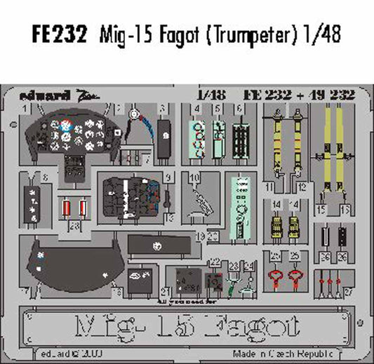Eduard FE232 Etched Aircraft Detailling Set 1:48 Mikoyan MiG-15 Fagot Pre-painte