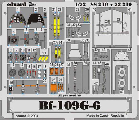 Eduard SS210 Etched Aircraft Detailling Set 1:72 Messerschmitt Bf-109G-6 Pre-pai