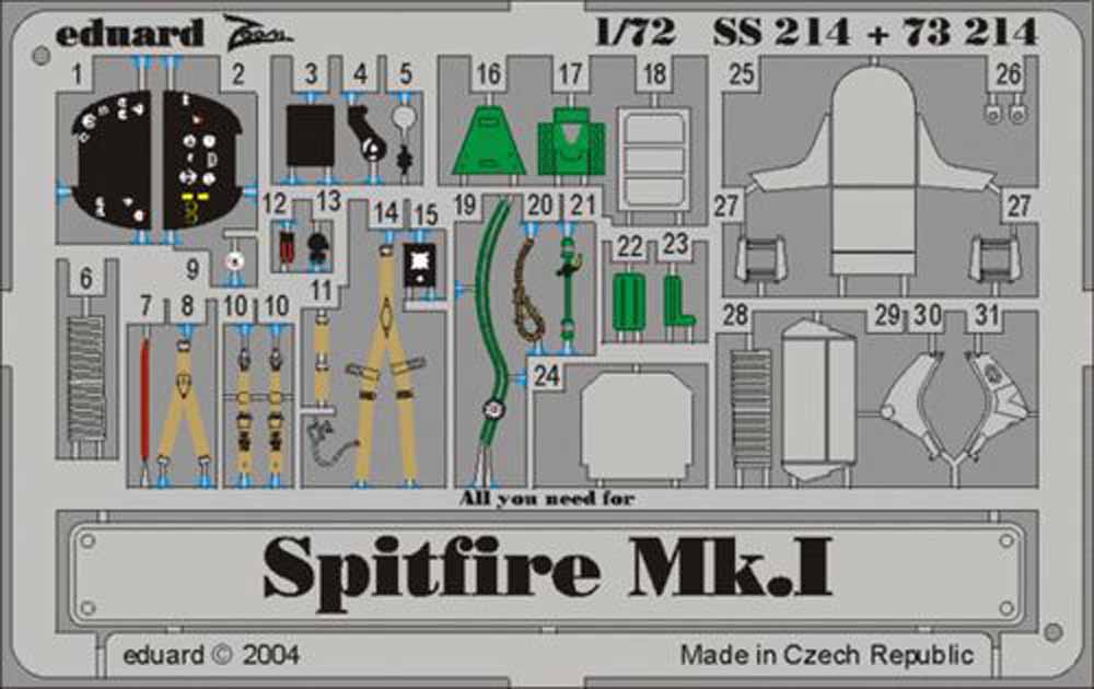 Eduard SS214 Etched Aircraft Detailling Set 1:72 Supermarine Spitfire Mk.I Pre-p