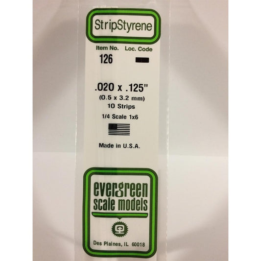 Evergreen 126 - 0.02" x 0.125" Polystyrene Strips 14"/35cm 10pcs