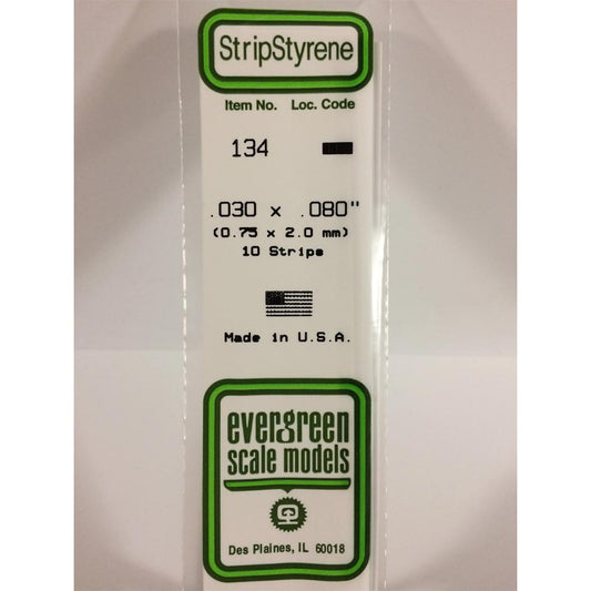 Evergreen 134 - 0.03" x 0.08" Polystyrene Strips 14"/35cm 10pcs