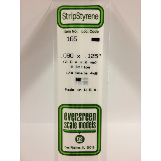 Evergreen 166 - 0.08" x 0.125" Polystyrene Strips 14"/35cm 10pcs