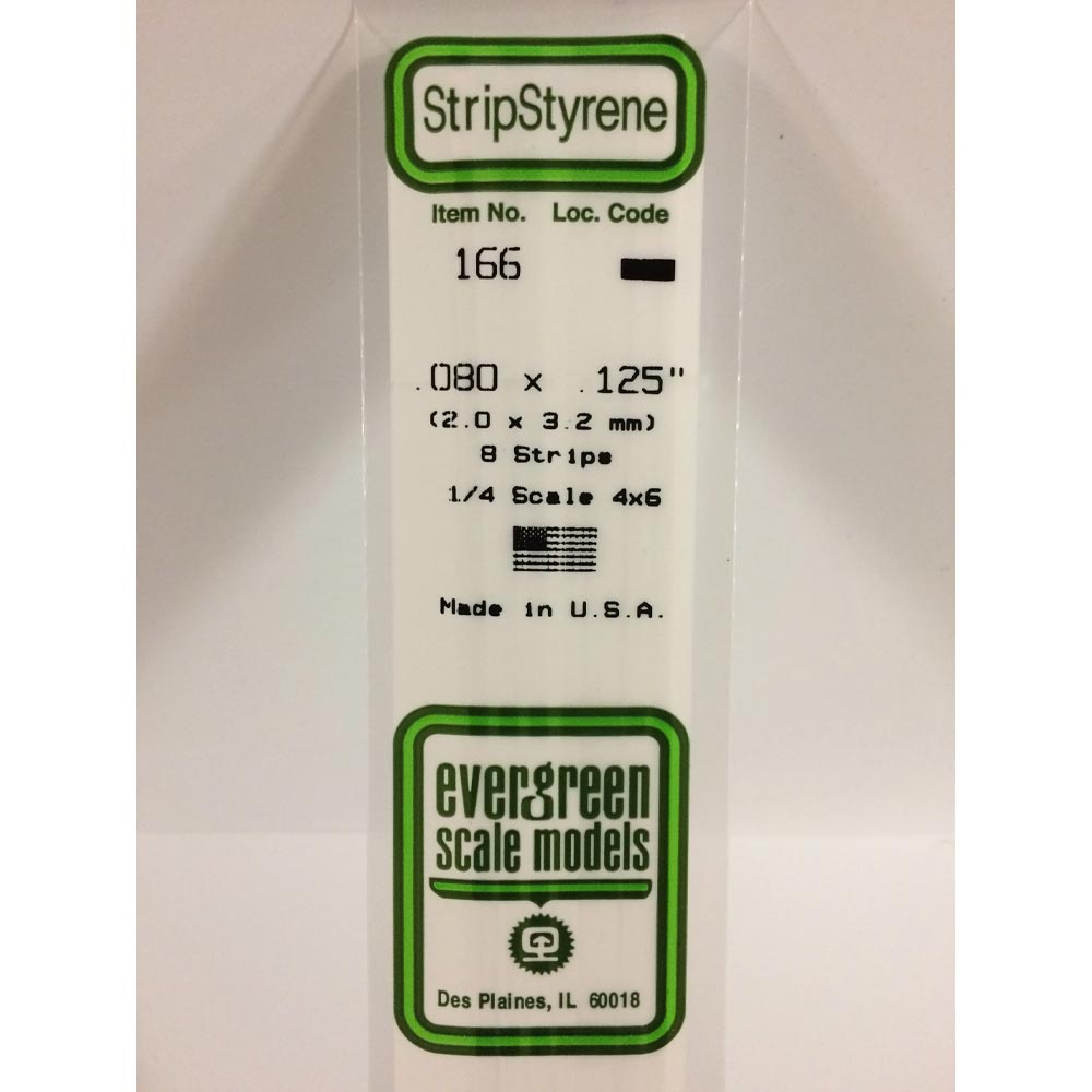 Evergreen 166 - 0.08" x 0.125" Polystyrene Strips 14"/35cm 10pcs