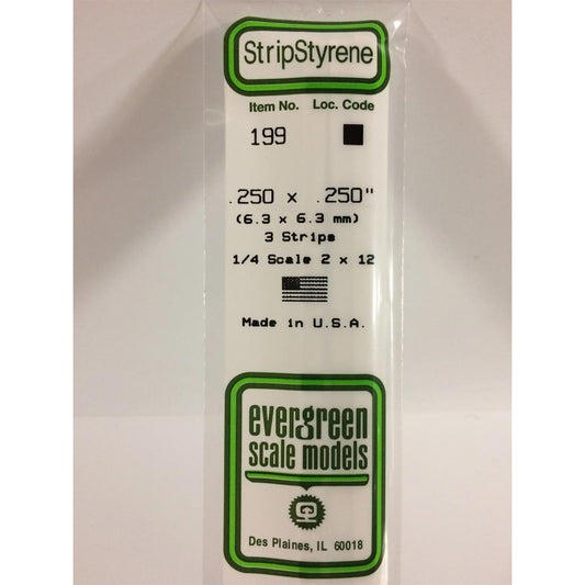 Evergreen 199 - 0.25" x 0.25" Polystyrene Strips 14"/35cm 10pcs