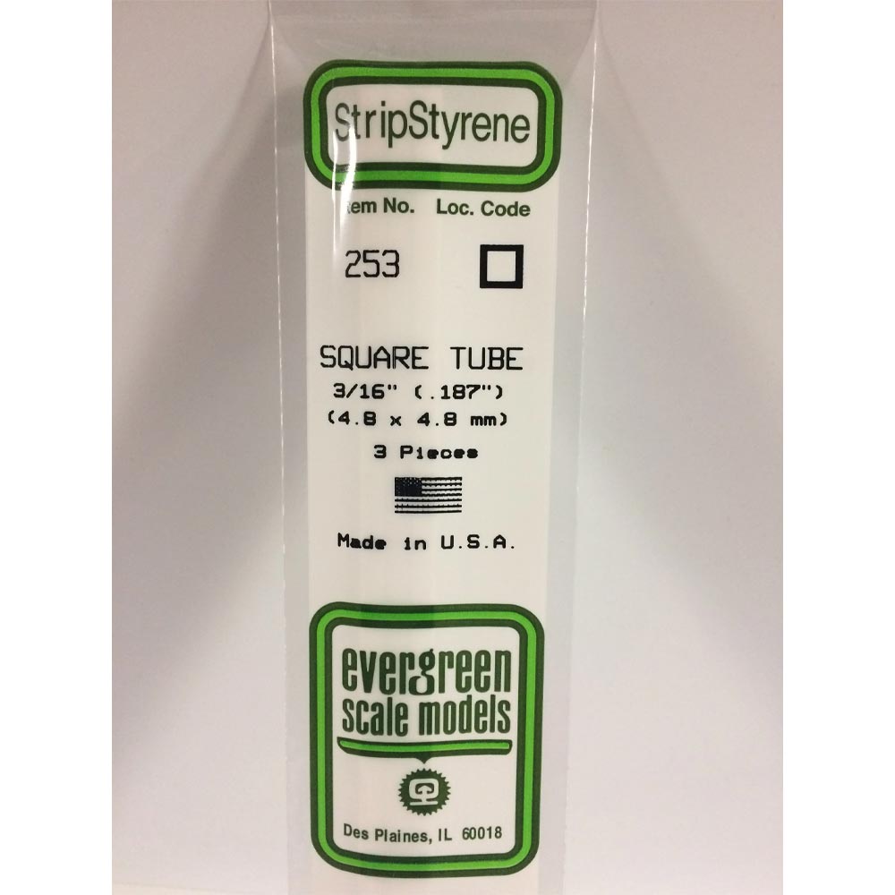 Evergreen 253 - 0.188/4.8mm Polystyrene 14"/35cm Square Tubes 3 pcs