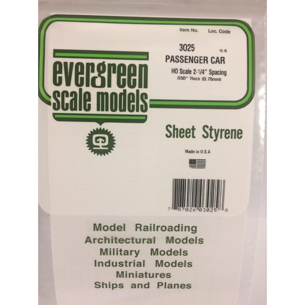 Evergreen 3025 - 0.025" Polystyrene HO Passenger Car Siding Sheet 6" x 12"