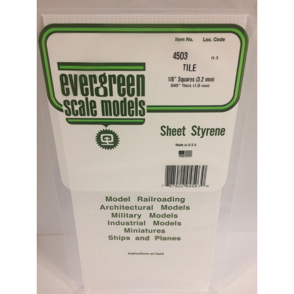 Evergreen 4503 - 1/8" x 1/8" Polystyrene Square Tile Sheet 6" x 12"