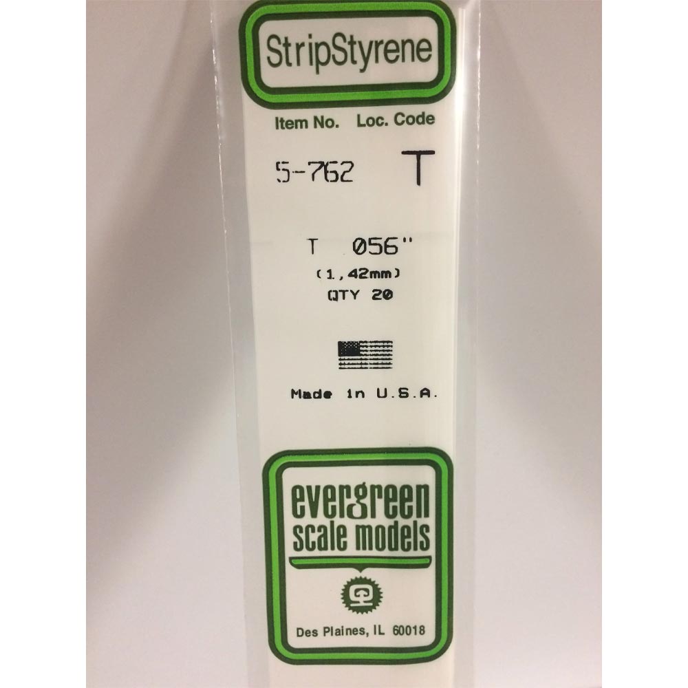 Evergreen 762 - 0.056"/1.42mm Polystyrene T-Shapes 14"/35cm 4 pcs