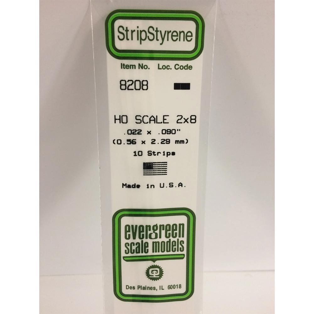 Evergreen 8208 - 0.022" x 0.090" Polystyrene HO-Scale Strips 14"/35cm 10pcs