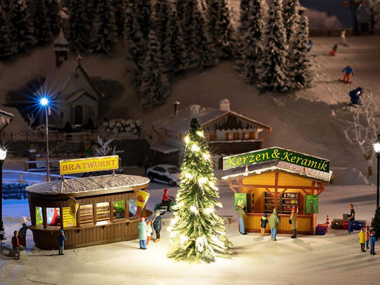 Faller Christmas Market Kiosks (2) Kit w/Lit Christmas Tree 134002 HO Gauge