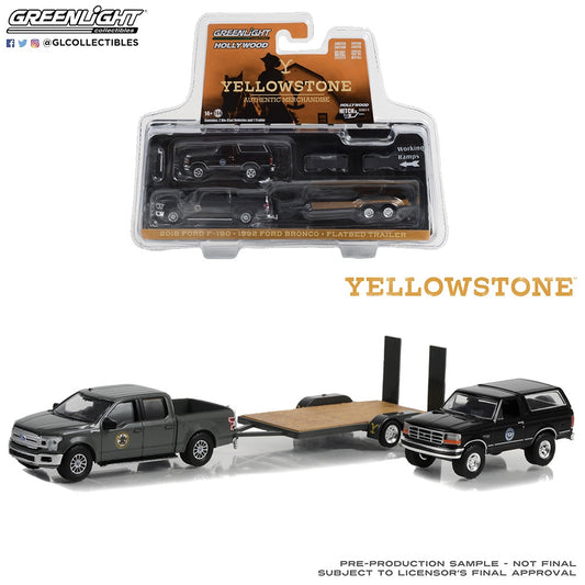 Greenlight Yellowstone: 2018 Ford F150 w/Ford Bronco on Trailer 1:64 Car 31150