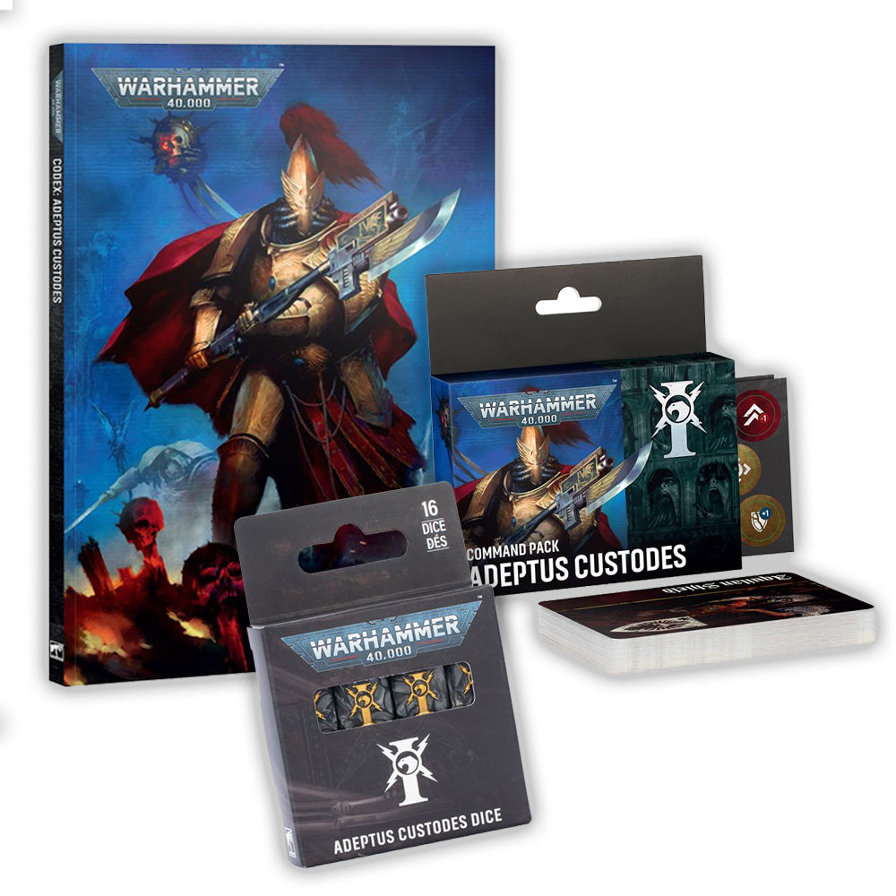 Games Workshop Warhammer 40k Adeptus Custodes Codex, Command Pack & Dice Bundle