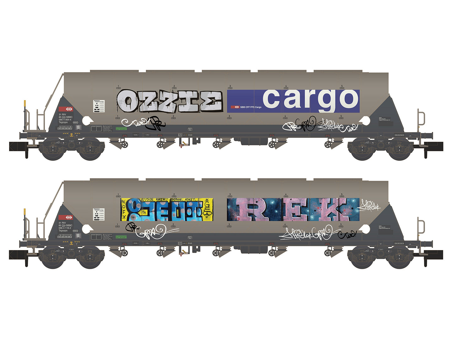 Hobbytrain SBB Cargo Taggnpps Bogie Hopper w/Graffiti Set (2) VI N Gauge H23478