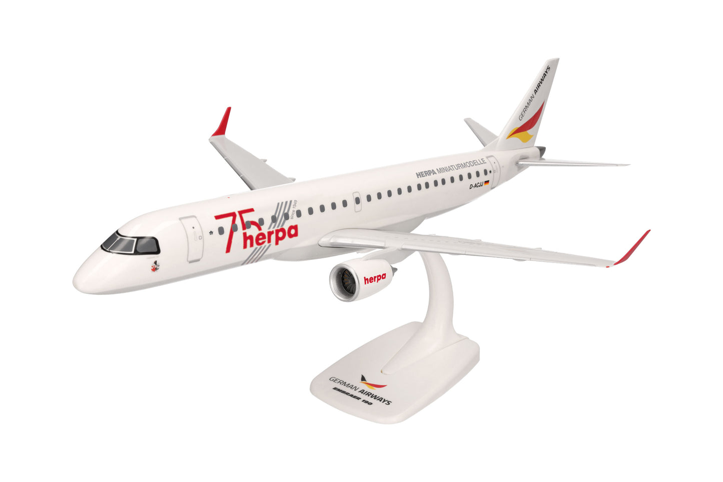 Herpa 614368 Snapfit Embraer E190 German Airways Herpa 75yrs (1:100) HO Gauge