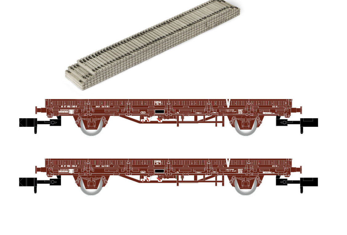 Arnold HIN6543 SNCF V Flat Wagon Set w/Concrete Sleeper Load (2) V N Gauge
