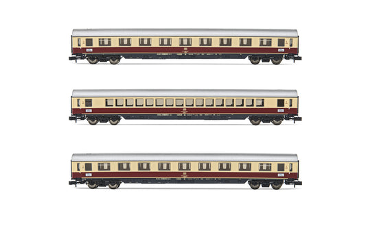Arnold HN4364 DB, 3-unit pack coaches "TEE Bavaria" (Apm121, Avm111 & ARDm106), red/beige livery, period IV (70's) N Gauge