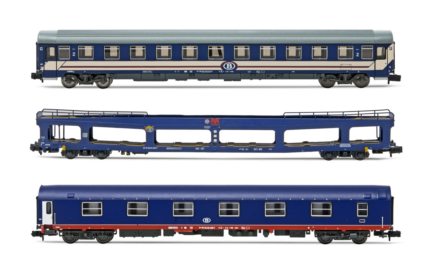 Arnold HN4406 SNCB, 3-unit set T2 + DDm + Bc I6 (UIC-Z), blue and red livery N Gauge