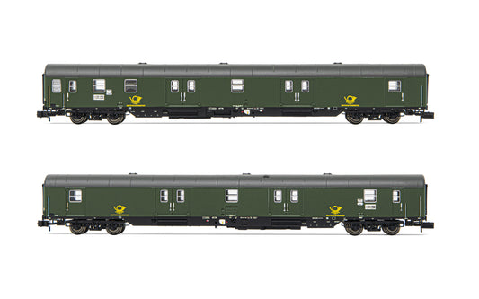 Arnold HN4417 DBP, 2-unit pack 4-axle postal vans Post-mrz, green livery with black chassis, period IV N Gauge
