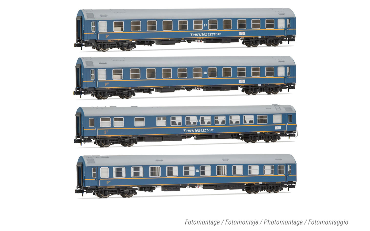 Arnold HN4420 DR, 4-unit pack OSShD type B coaches "Touristen-Express", set 1 of 2, blue livery, ep. III, 2 x WLAB + 1 x WR + 1 x Salon N Gauge
