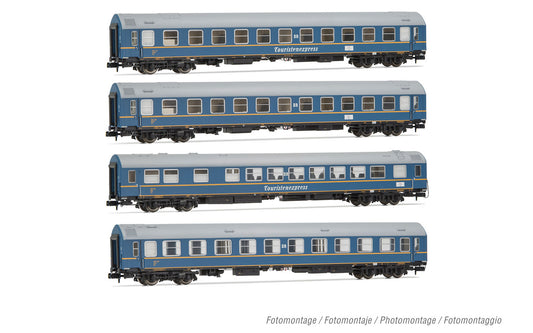 Arnold HN4420 DR, 4-unit pack OSShD type B coaches "Touristen-Express", set 1 of 2, blue livery, ep. III, 2 x WLAB + 1 x WR + 1 x Salon N Gauge