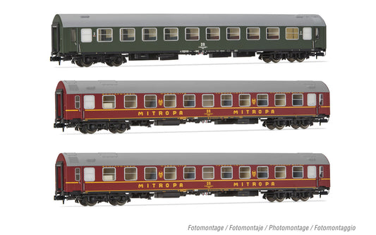 Arnold HN4423 DR, 3-unit pack OSShD type B coaches, "Spree-Alpen-Express", set 1 of 2, green and red livery, ep. IV, 1 x Bc + 2 x WLAB N Gauge
