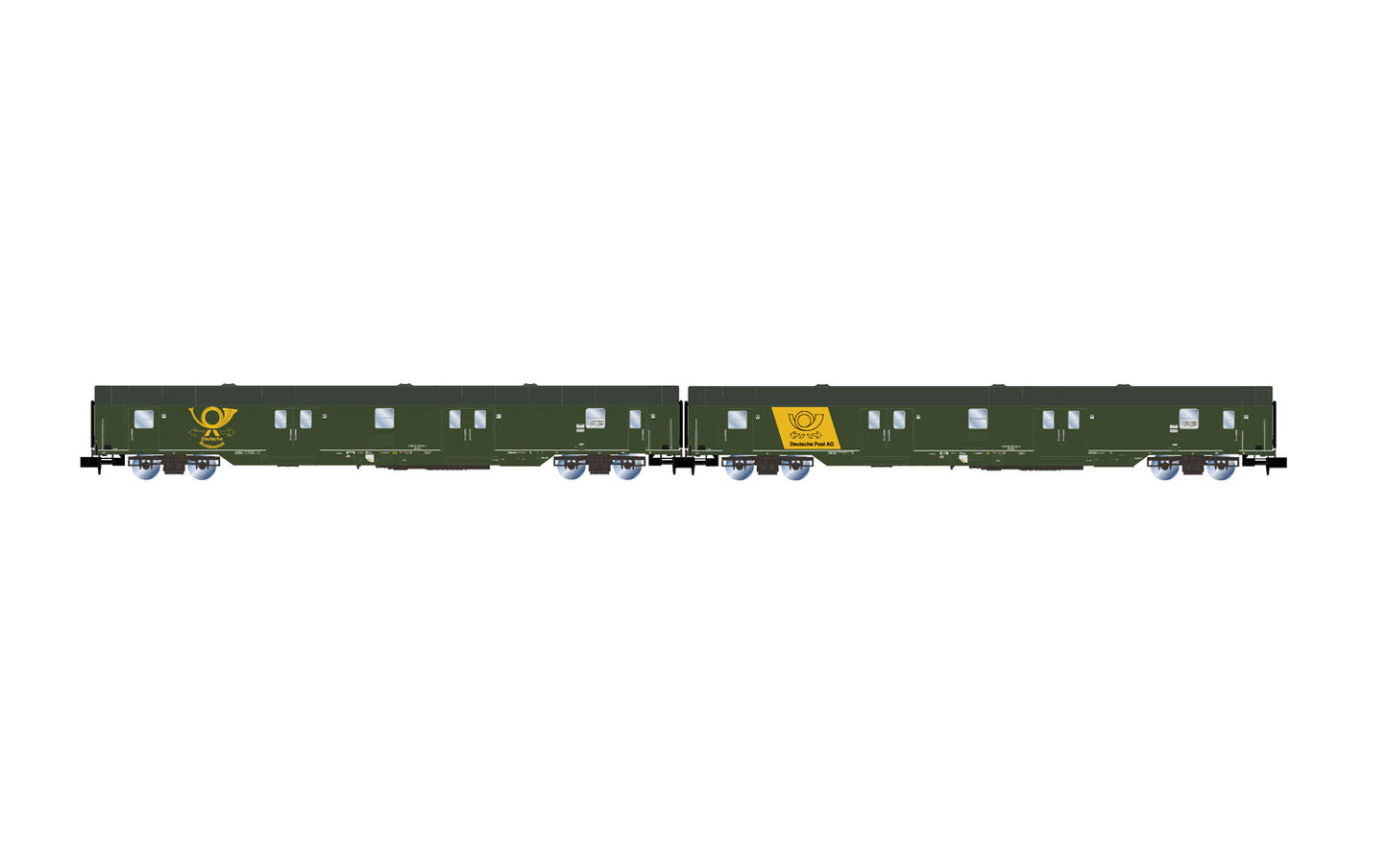 Arnold HN4425 DBP, 2-unit pack 4-axle postal vans Post-mrz, green livery with big logos, ep. IV-V N Gauge