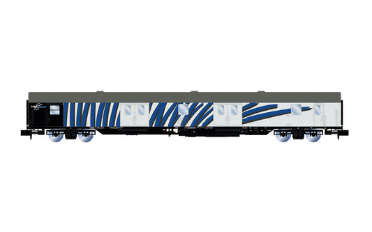 Arnold HN4426 Lokomotion, 4-axle ex postal van "Zebrawagen", grey livery with blue stripes, ep. VI N Gauge