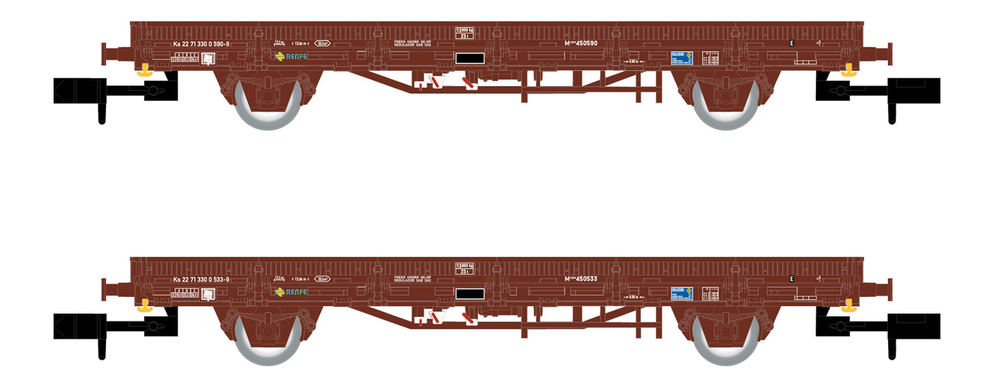 Arnold HN6581 RENFE, 2-unit pack Ks flat wagons, loaded with "Tabacalera" tobacco bags, oxid red livery, period IV N Gauge
