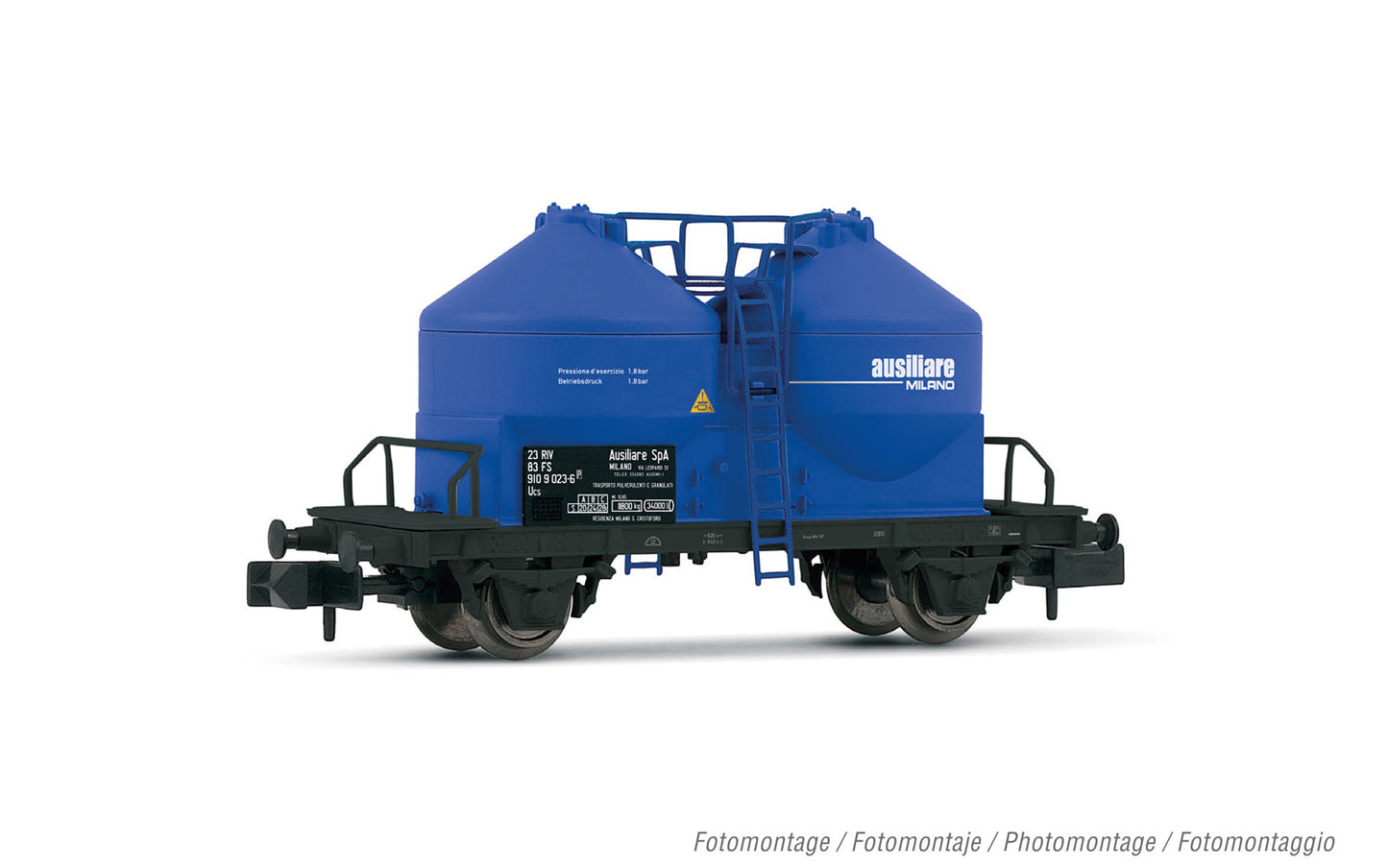 Arnold HN6597 FS, 2-axles silo wagon Ucs, "Ausiliare", blue livery, ep. IV N Gauge