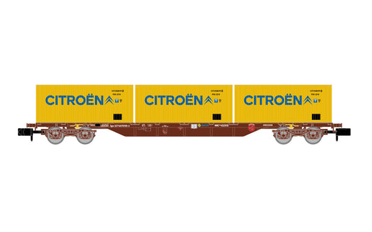 Arnold HN6652 RENFE, 4-axle container flat wagon MMC3, loaded with 3 x 20' Citroen container, ep. IV N Gauge