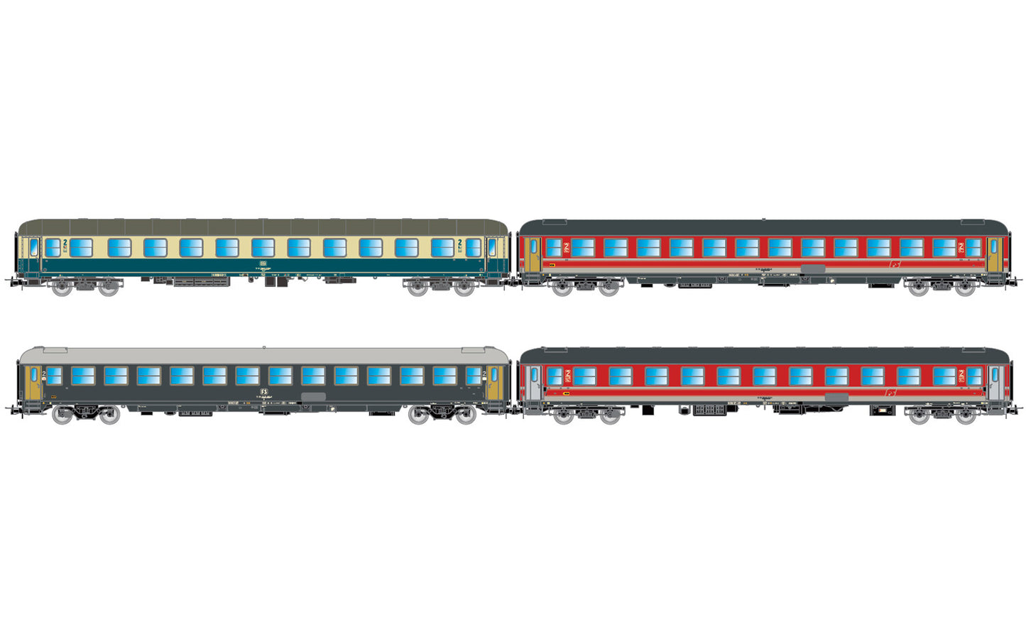 Rivarosssi FS/DB/NS Italien-Holland Express Coach Set (4) V HO Gauge HR4375