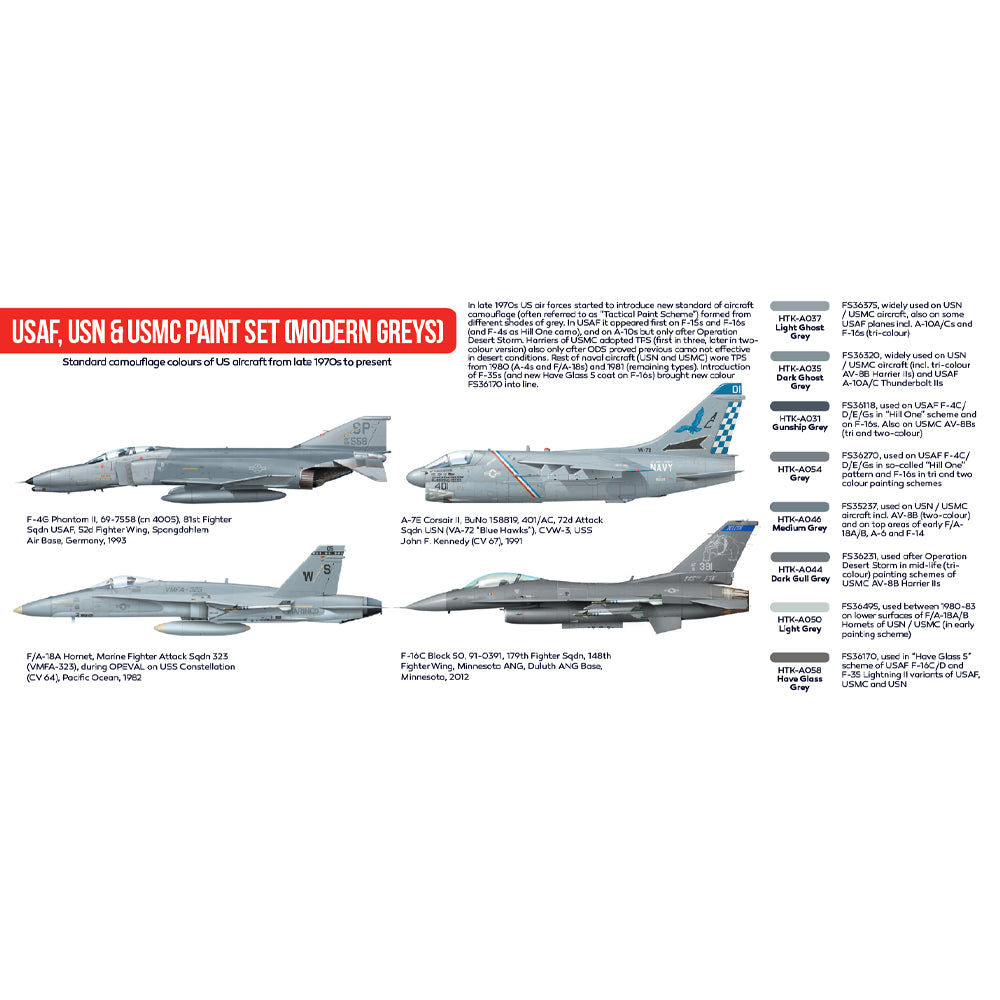 Hataka AS44 USAF, USN & USMC (Modern Greys) Red Line Acrylic Paint Set
