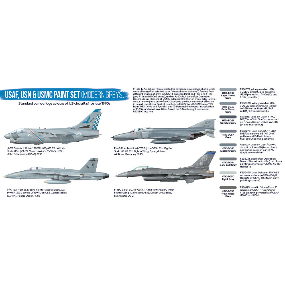 Hataka BS44 USAF, USN & USMC (Modern Greys) Blue Line Acrylic Paint Set