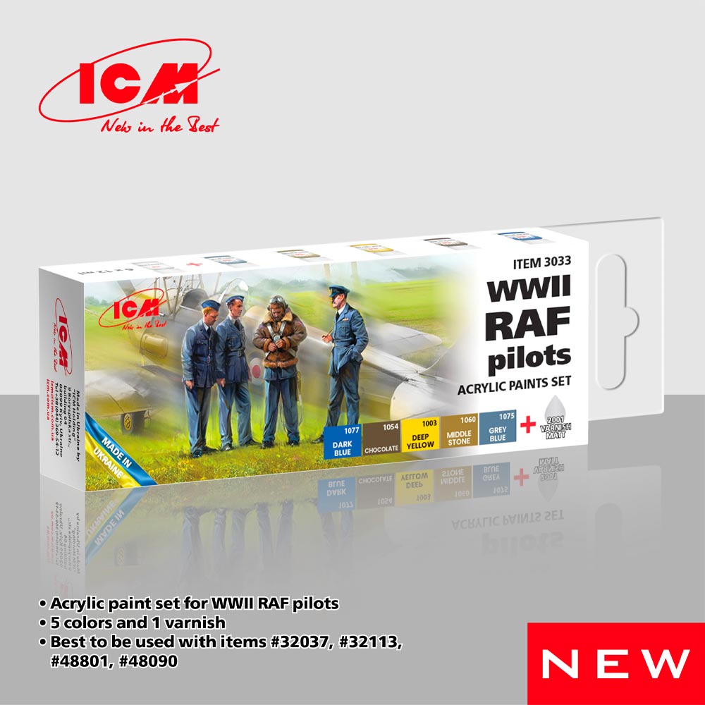 ICM 3033 WWII RAF Pilots Acrylic Paint Set 6x12ml Ideal for ICM48090 Model Kit