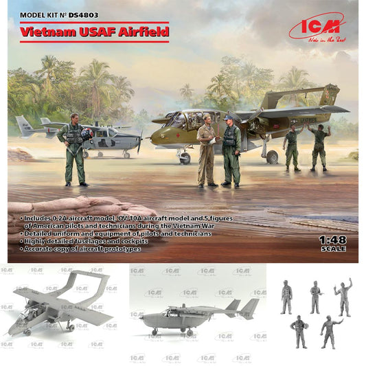 ICM DS4803 Vietnam USAF Airfield w/OV-10A Bronco, 0-2A & 5 Figures 1:48 Kit Set