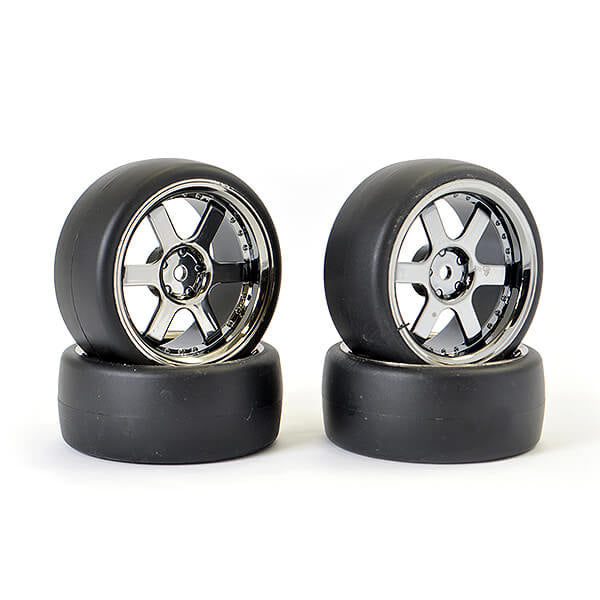 Fastrax 1:10 (4) Drift D1 Tyre w/3mm 6-Spoke Wheel- Bk Chrome FAST1350BC-D13