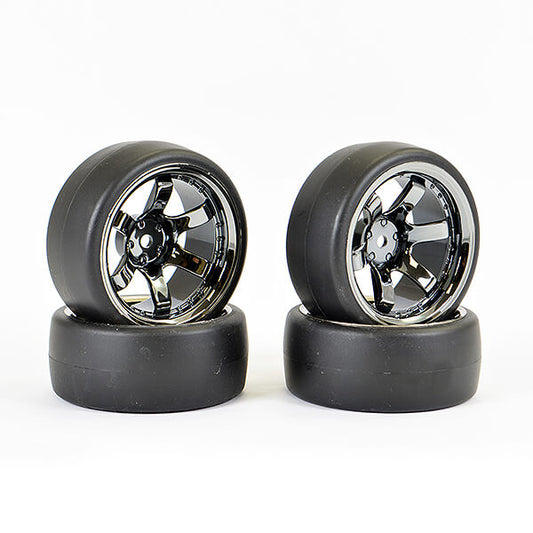 Fastrax 1:10 (4) Drift D1 Tyre w/9mm 6-Spoke Wheel- Bk Chrome FAST1350BC-D19