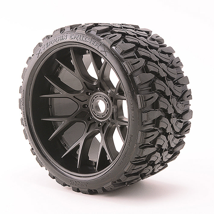 Sweep Terrain Crusher Belted Tyre Black 17mm Wheels 1/2 Offs SRC1002B