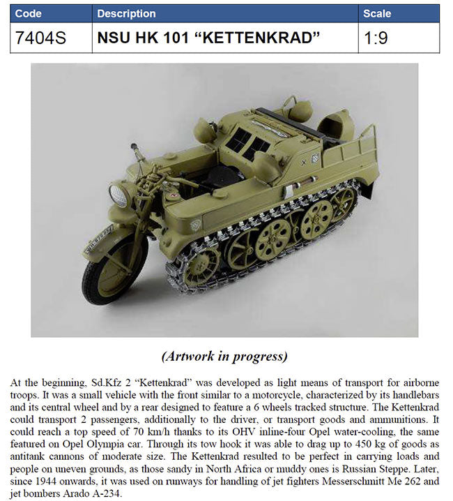 ITALERI 7404 NSU HK 101 Kettenkrad 1:9 Bike Model Kit