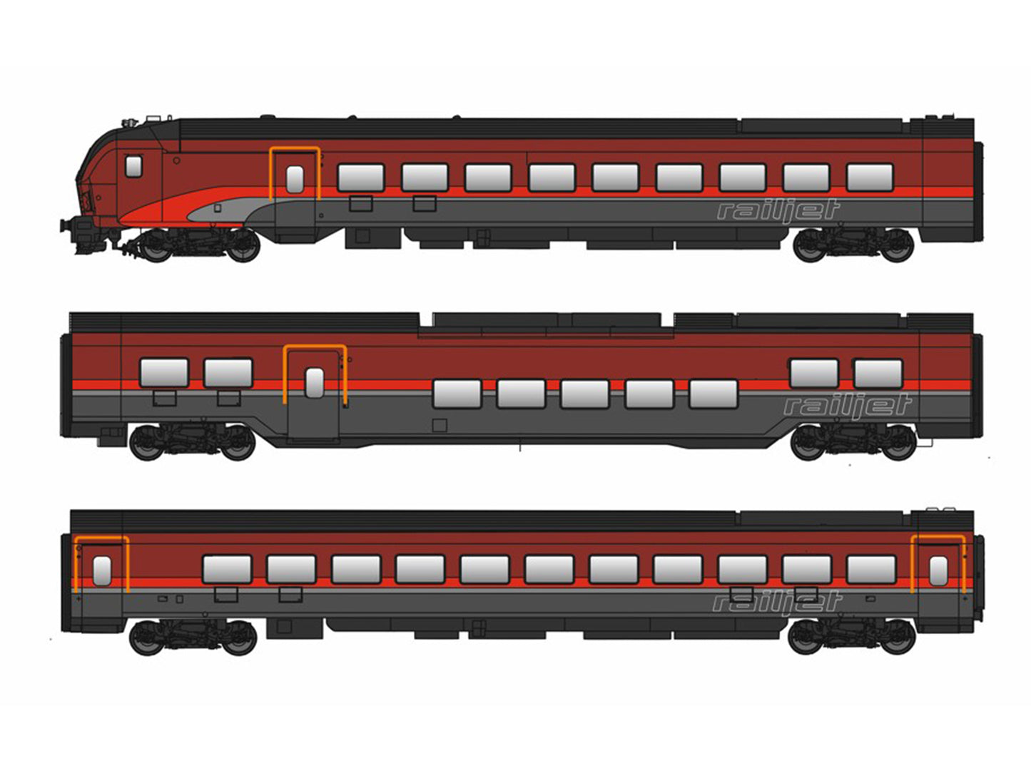 Jagerndorfer OBB Railjet II Coach Set (3) VI (~AC) JC11301 HO Gauge