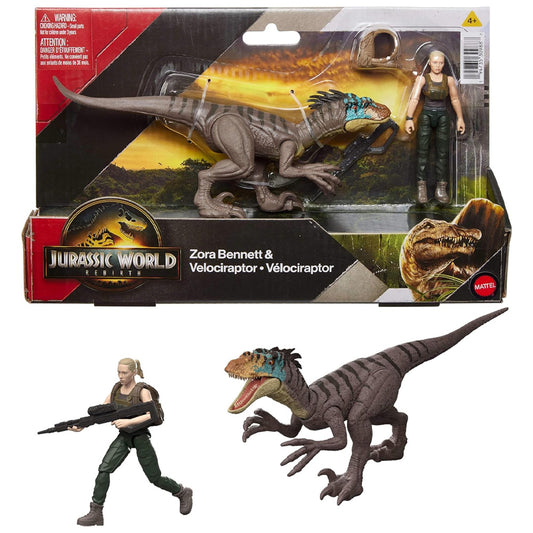 Jurassic World Rebirth: Zora Bennett & Velociraptor Dinosaur Toy Mattel JGB84