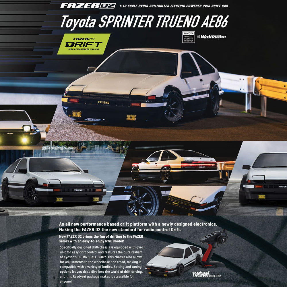 Kyosho Fazer D2 Toyota Sprinter Trueno AE86 White 1:10 Drift RC Car 34501B