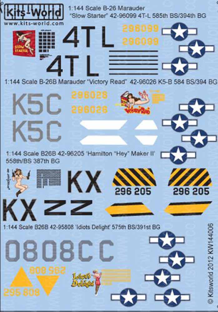 Kits World 144006 Aircraft Decals 1:144 Martin B-26B Marauders B-26B-55-MA 42-96