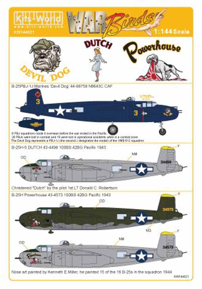 Kits World 144021 Aircraft Decals 1:144 North-American Mitchell B-25H-5 43-4573