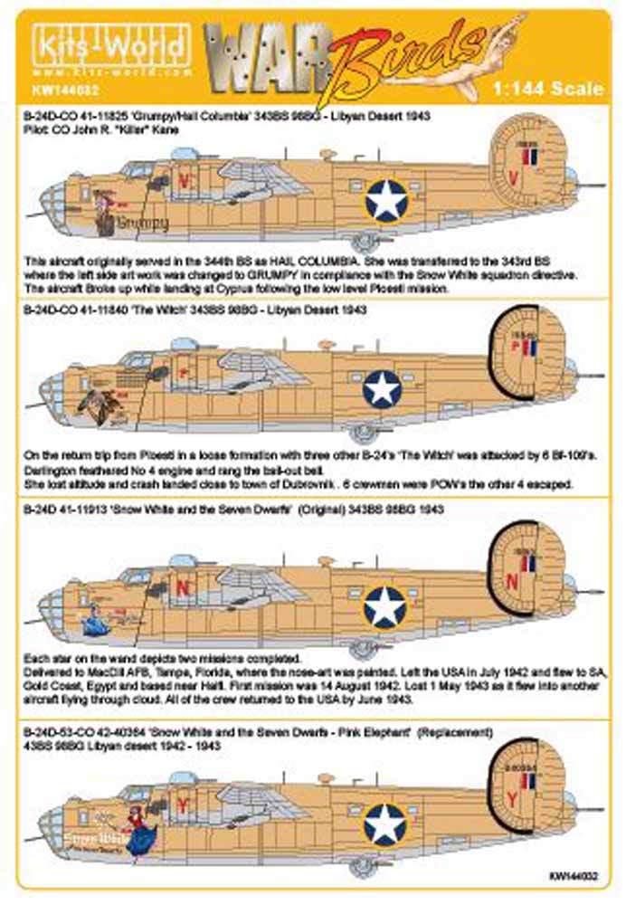 Kits World 144032 Aircraft Decals 1:144 Consolidated B-24D Liberator 343 BS 98 B