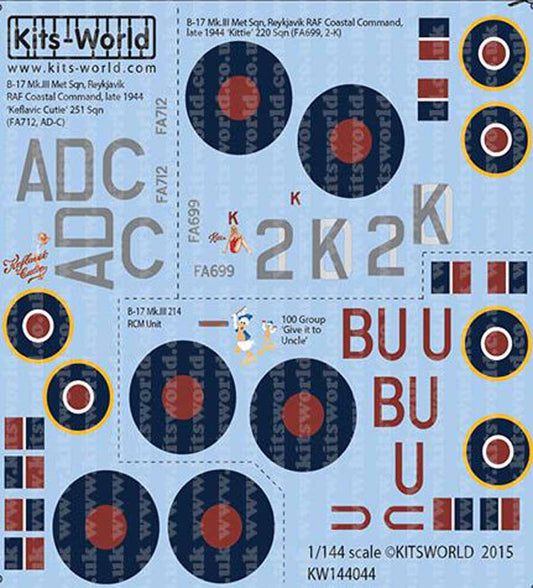 Kits World 144044 Aircraft Decals 1:144 Boeing B-17 Mk.III 'Kittie' (FA699, 2-K)