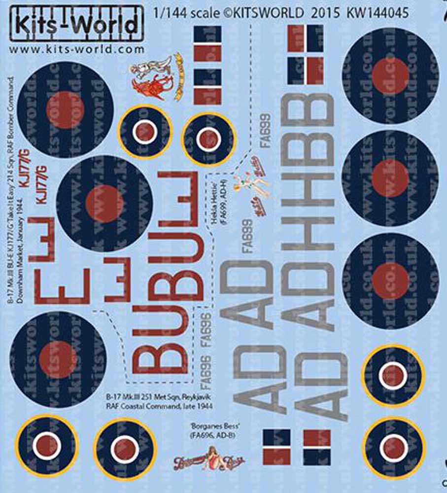 Kits World 144045 Aircraft Decals 1:144 Boeing B-17 Mk.III BU-E KJ177/G 'Take It