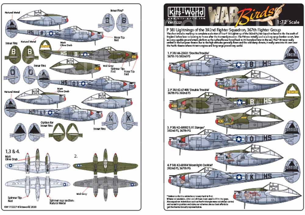Kits World 172227 Aircraft Decals 1:72 Lockheed P-38J Lightning 44-23511, 42-674